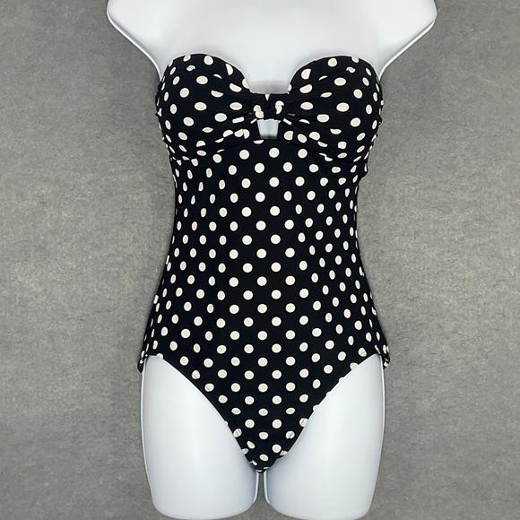 Kate Spade Polka Dot Swimsuit One Piece Strapless Black‎ White Sz M - Picture 1 of 12